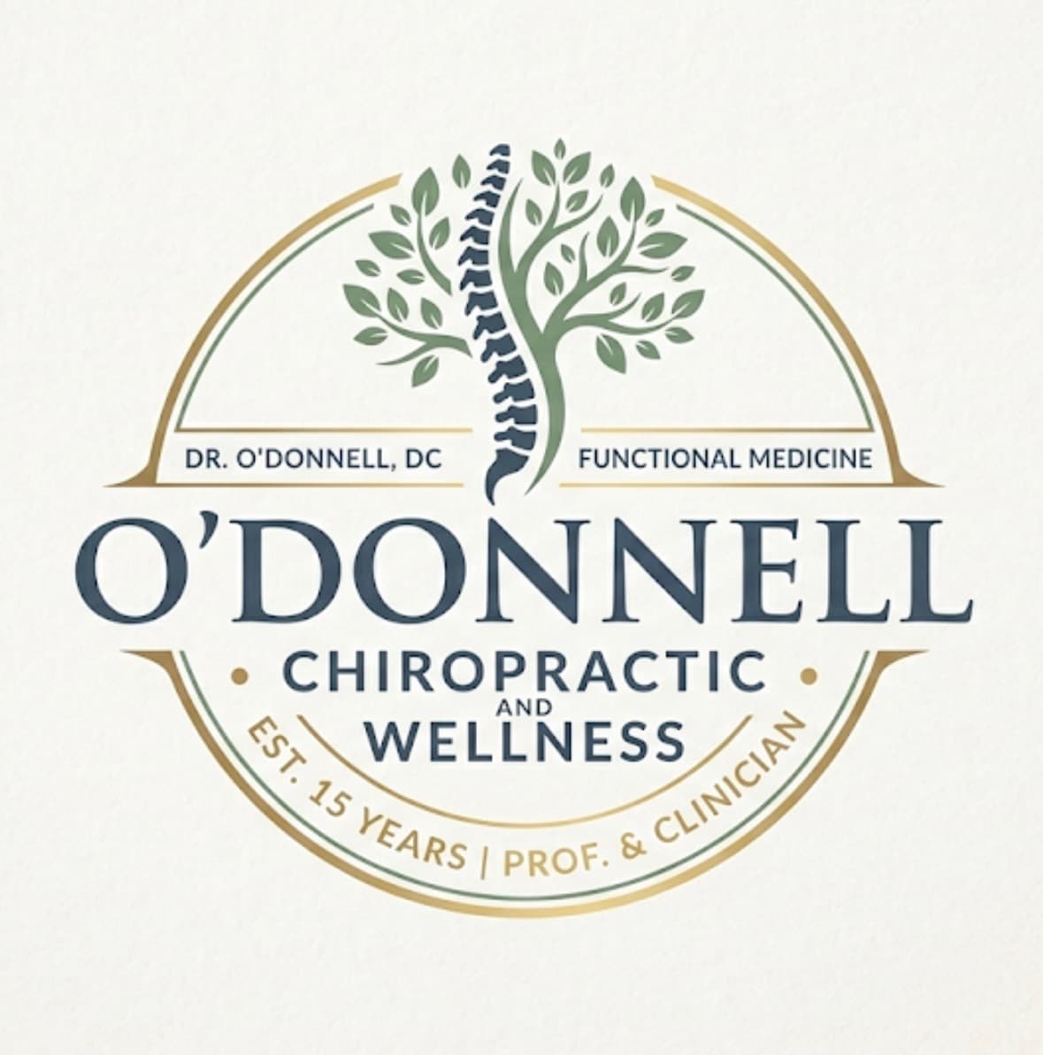 O'Donnell Chiropractic and Wellness logo: tree with a spinal column as the trunk, in navy, sage green, and gold on a light background.